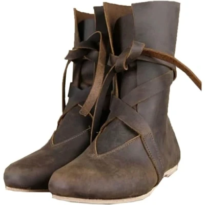 Image of DJFOG Medieval PU Leather Knight Boots Renaissance Cosplay Mens Women&#039;s Vintage Flat Bottom Lace Up Shoes,Brown,48