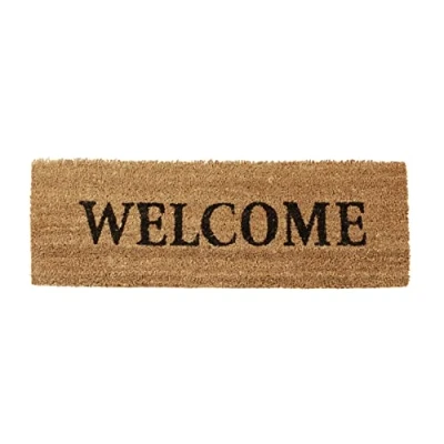 Image of Relaxdays Narrow Coir Doormat Print Anti Slip Rubber PVC Underside Long Welcome Mat Ideal for the Balcony, Patio, Hallway, Veranda, Natural Brown, 75x25 cm