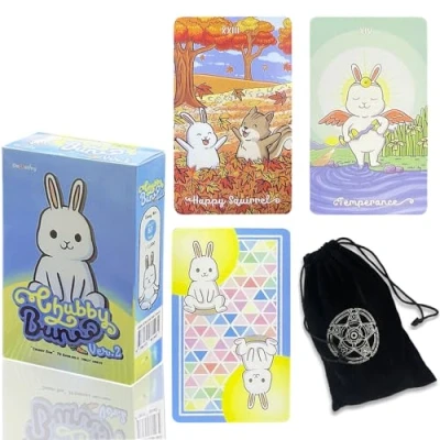 Image of LHTHT Cute Rabbit Tarot Cards,79 Deck Cards,Tarot Cards for Beginners,Fortune Telling Game.Black Flannel Bag.