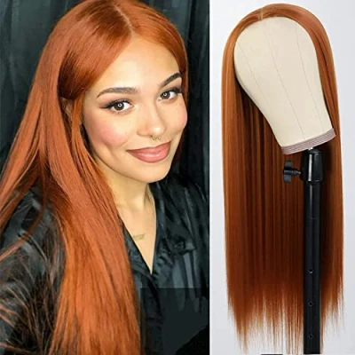 Image of PORSMEER Long Auburn Wigs for Women Girls Natural Silky Straight Synthetic Hair Ginger Wig Heat Resistant Fibers Copper Red Cosplay or Daily Wear