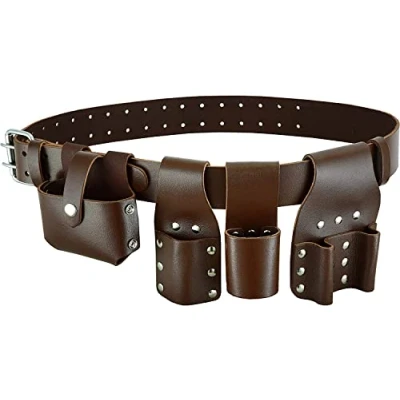 Image of Leather Tool Belt with Hammer Holder, Ratchet,Spanner,Wrench Pouch Tape Holster (Brown)