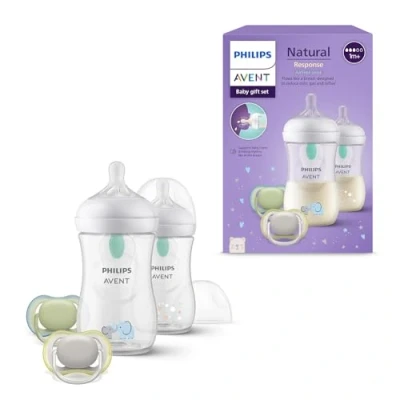 Image of Philips Avent Natural Response Baby Gift Set: 2 Anti Colic Bottles 260 ml with T3, 1 m+ Teats, Ultra Air Soothers (Model SCD657/12)