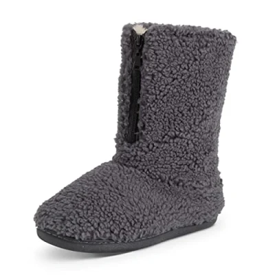 Image of Polar Womens Memory Foam Zipper Faux Fur Covered Rubber Sole Indoor Outdoor Cosy Luxury Boot Slippers Dark Grey Shearling AYC0951 EU38/UK5