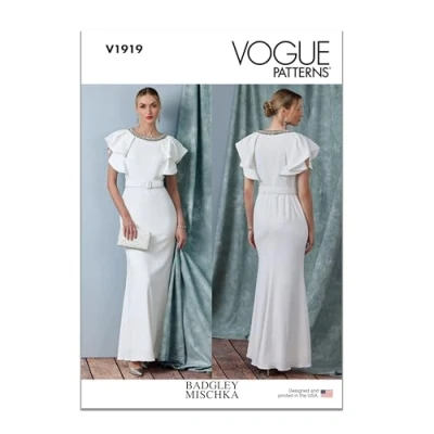 Image of Vogue Patterns V1919B5 Misses&#039; Full Length Dress with Belt by Badgley Mischka B5 (8 10 12 14 16)