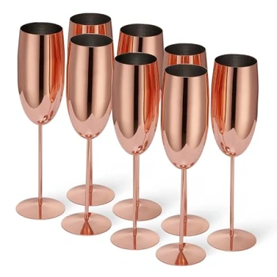 Image of Oak &amp; Steel 8 Stainless Champagne Flutes with Gift Box, 285 ml Rose Gold Elegant, Solid Unbreakable Outdoor Parties, Picnic, Beach Pool