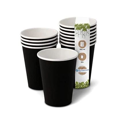 Image of BIOZOYG 50x Disposable Coffee Cups 300 ml / 12 oz, Ø 90 mm Black Paper for hot Drinks Plastic Free