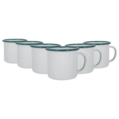 Image of 6x Green 375ml White Enamel Mugs By Argon Tableware