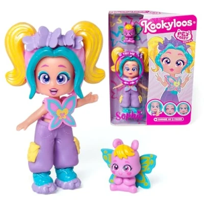 Image of KOOKYLOOS Pet Party Sophie doll with butterfly pet. Includes doll, 1 pet, fashionable outfit and shoes accessory.1 3 different faces!