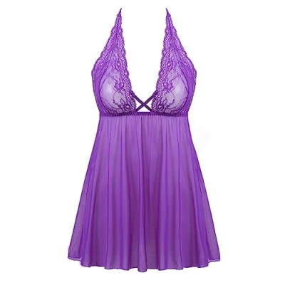 Image of Amorbella Womens 2 Piece Lingerie Set Lace Babydoll Dress Nighty(Violet,Large)