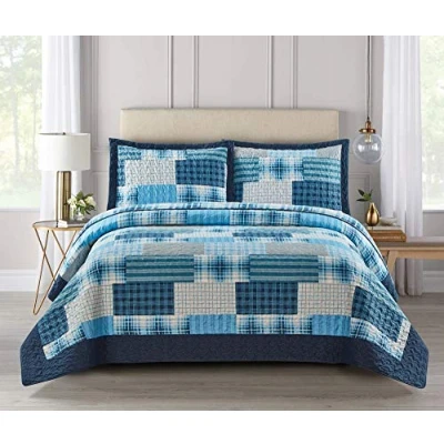 Image of Householdfurnishing 3 Piece Printed Patchwork Bedspread Quilted Bed Throw Comforter with Pillow Shams (Check Denim Blue, Super King)