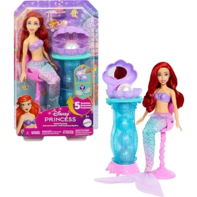 Image of Mattel Disney Princess Toys, Ariel Vanity Pop Mermaid Fashion Doll with Removable Tail &amp; 5 Repeatable Up Surprises Accessories, JBF86
