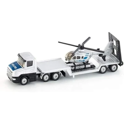 Image of siku 1610, Police Low Loader with Helicopter, Metal/Plastic, Silver, Opening tailgate, Detachable trailer