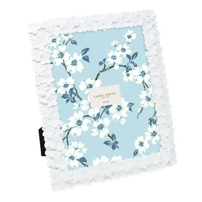 Image of Laura Ashley 8x10 White Flower Textured Hand Crafted Resin Picture Frame w/Easel &amp; Hook for Tabletop Wall Display, Decorative Floral Design Home Décor, Photo Gallery, Art (8x10, White)