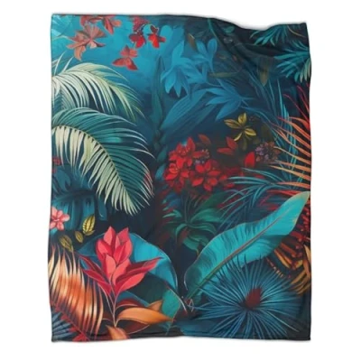 Image of Botanical Floral Plush Blanket 3D Print Sherpa Leaves Flowers Pattern Fleece Throw Soft Fuzzy for Kids Boys Adults Printed Cartoon Bed Couch