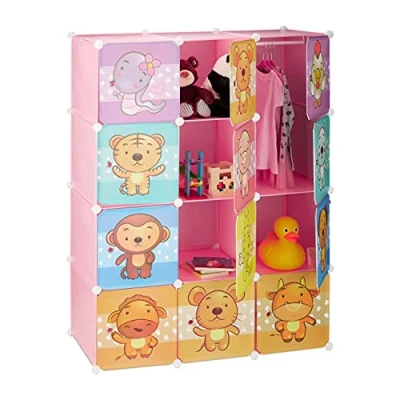 Image of Relaxdays Children’s Modular Shelf, Cute Animal Prints, Plastic System, Doors, Wardrobe, Clothes Rails, Pink
