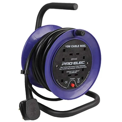 Image of PRO ELEC PEL01273 4 Gang Mini Cable Reel Mains Extension, 10m,Black/Blue