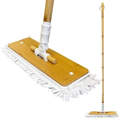 Image of Bamboo Floor Mop Microfibre Cleaning Flat Cleaner Machine Washable Head Hard Flooring, Wood, Laminate, Tile, etc.