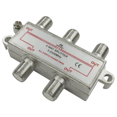 Image of Ex Pro 4 Way F Type Coax Screw Connector Splitter, 1 input to output, for Digital TV Virgin Freeview Cable Sky Satellite