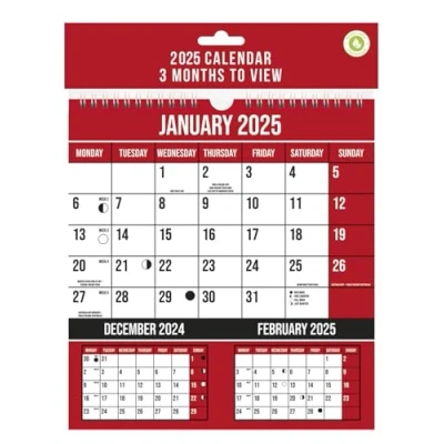 Image of 2025 Wall Calendar 3 Months to View Red Planner Hanging Spiral Bound 230 x 248mm