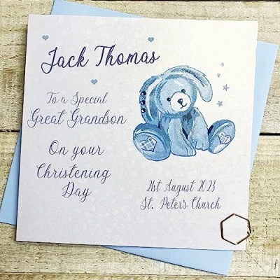 Image of WHITE COTTON CARDS GREAT GRANDSON PERSONALISED CHRISTENING CARD, BLUE BUNNY DESIGN, HAND FINISHED (X) P23 44 GGS
