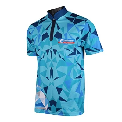 Image of Unicorn Darts Shirt Authentic Ian &#039;Diamond&#039; White Breathable Polyester &amp; Non Stitch Zip Blue Small To fit chest 36 38 inches