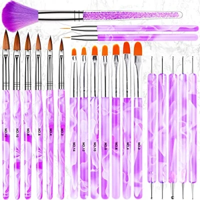 Image of RedBee 21PCS Acrylic Nail Brush Set, Drawing Pen Brushes for UV Gel Art Tips Builder Poly Extension Dotting Carving Painting Flower Home Salon DIY (Purple) (RB0613)