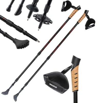 Image of SPORTANA® Telescopic Trekking Pole 5 Attachments Hiking Gear Multi Surface Cork Handles Anti Shock Suspension Nordic Hill Walking Stick Red