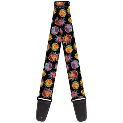 Image of Buckle Down Rick and Morty Guitar Strap, Vaporwave Expressions Scattered Multi color, 2 Inches Wide, 2&quot; Wide 29 54&quot; Length
