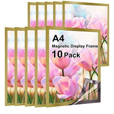 Image of A4 Magnetic Sign Holder, Gocoffun 10 Pack Self Adhesive Display Frame, Waterproof Clear for Home, School, Store, Notice,Pictrue Frame (Gold)
