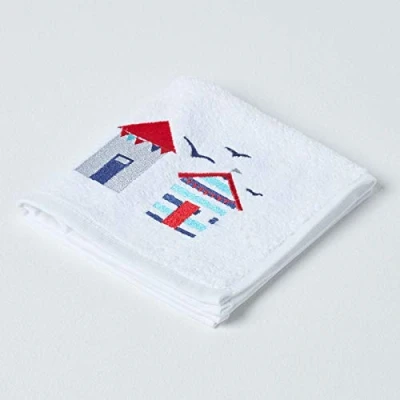 Image of HOMESCAPES Beach Hut Embroidered Face Cloth Blue, Red &amp; White Seaside Patterned Flannel 100% Cotton 550 GSM Super Absorbent Fluffy Holiday Towel for Pool or Gym