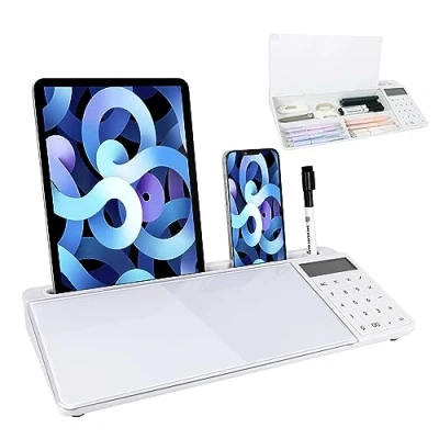 Image of Small Glass Desktop Whiteboard Dry Erase Board with Calculator White Storage Memo Notepad Computer Keyboard Stand Organizers Accessories Markers, Eraser for Office, Home, School