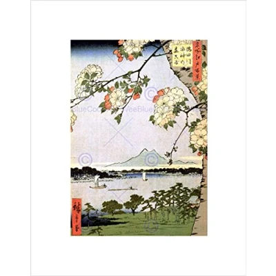 Image of Wee Blue Coo PAINTING JAPANESE WOODBLOCK CHERRY BLOSSOM SHIPS ON WATER FRAMED PRINT B12X10829
