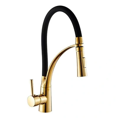 Image of FHMING Pull Out Kitchen Tap Gold &amp; Black with Dish Rinser Single Lever Mixer 360 Swivelling Brass