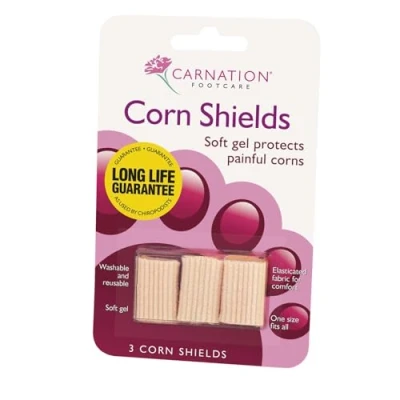 Image of CARNATION FOOTCARE Corn Shields, pack of 3; Slim design, elasticated fabric outer, stretches to fit all sizes; With mineral oil soften skin, helps prevent pressure