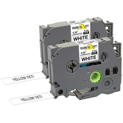 Image of Yellow Yeti 2 Labelling Tape Cassettes TZe 221 TZ 9mm x 8m Black on White Laminated Label Tapes Compatible with Brother P Touch PT 1000 H100 D210VP D400 D600VP P700 P750W Cube
