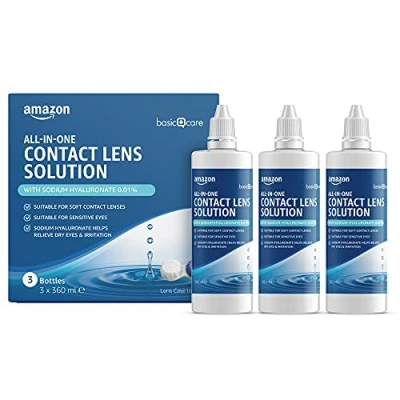Image of Amazon Basic Care All In One Solution with Sodium Hyaluronate for Soft Contact Lenses, 360ml, Pack of 3