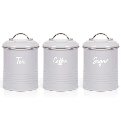Image of EHC Tea, Coffee, Sugar, Canister Set, Set of 3 Airtight Food Storage Easy to Open Cansiters Jars Tin, Grey