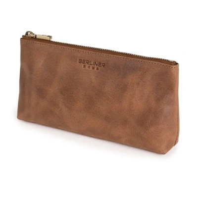 Image of Berliner Bags Premium Anna Leather Cosmetic Bag Small Pencil Case for Women and Girls, camel, Minimalist