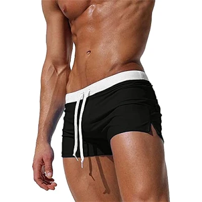 Image of TMEOG Swimming Trunks Men Swim Shorts Gym Board Men&#039;s Swimwear Quick Dry Beach Sexy Boxer with Zipper Pockets(Black,S)