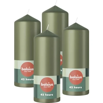 Image of Bolsius Pillar Candles Green 4 Pack 15 x 6 cm Decorative Household Long Burning Time of 42 Hours Unscented Includes Natural Vegan Wax Without Palm Oil