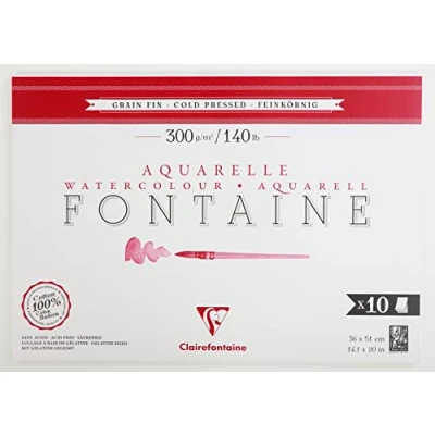 Image of Clairefontaine 975514C Glued Pad 1 Side Fountain 10 Sheets White Watercolor Paper 100% Cotton Fine Grain Professional Quality 36x51 cm 300g