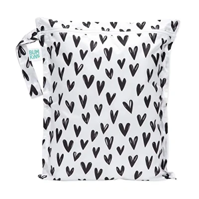 Image of Bumkins Waterproof Wet Bag, Washable, Reusable for Travel, Beach, Pool, Stroller, Diapers, Dirty Gym Clothes, Swimsuits, Toiletries, 12x14 Black Hearts