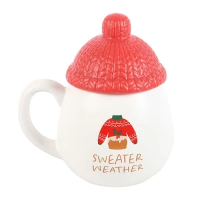 Image of Sweater Weather Lidded Mug Cozy Ceramic Cup with Lid, Perfect for Hot Beverages, 12 oz Capacity, Ideal Winter and Fall
