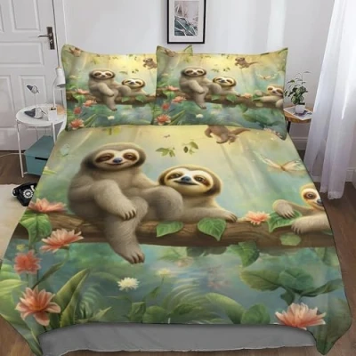 Image of WOLEN Sloth Cute Bedding 3D Printed Stitch Single 3 Pieces with Zipper Closure Animal Double Bed Duvet Cover Set Double（200x200cm）