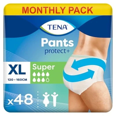Image of TENA Pants Super, 48 pairs, Unisex Incontinence (4 x 12 packs) for Women and Men with Heavy Bladder Weakness, Designed Everyday Life Triple Protection Dual Absorption Zones, Size XL