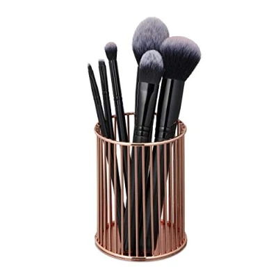 Image of Relaxdays Round Pen Holder, Modern Decorative Design, Makeup Brush Organiser, Mesh, Pencil Cup Desk, HxØ: 10x8cm, Copper