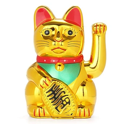 Image of FIOTOK Maneki Neko, Lucky Fortune Cat, Japanese Cat with Waving Arm Gold Battery Operated(Battery Cover Included)