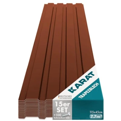 Image of KARAT Metal Roofing Sheets 115 x 45 cm (Pack of 15) 7.7 m² Corrugated Roof Sheeting Plates Cladding for Garage, Shed, Carport and Greenhouse, Galvanised Coated, Brown (incl. 30x Screws)
