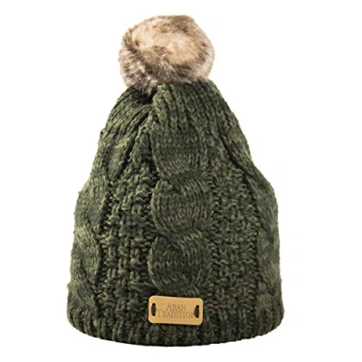 Image of Aran Traditions Warm Winter Cable Knit Faux Fur Bobble Beanie Hat (Dark Green)(Size: One Size)