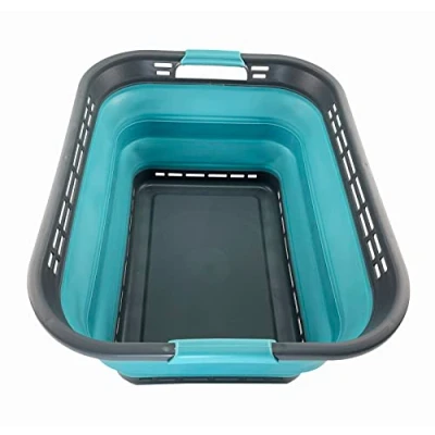 Image of SAMMART 42L Collapsible Plastic Laundry Basket Foldable Pop Up Storage Container/Organizer Portable Washing Tub Space Saving Hamper/Basket (Grey/Crystal Blue)